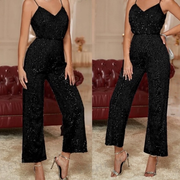 Luxe black sequins cami jumpsuit - Picture 2 of 15